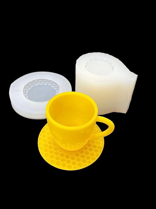 Silicone cup and saucer Mold designed with honeybees honeycomb - cappuccino coffee cup mold