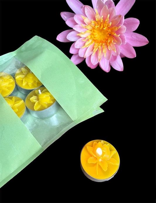 pack of 4 pure beeswax tea light candles - lotus flower tealights - water lily candle - handmade tealight