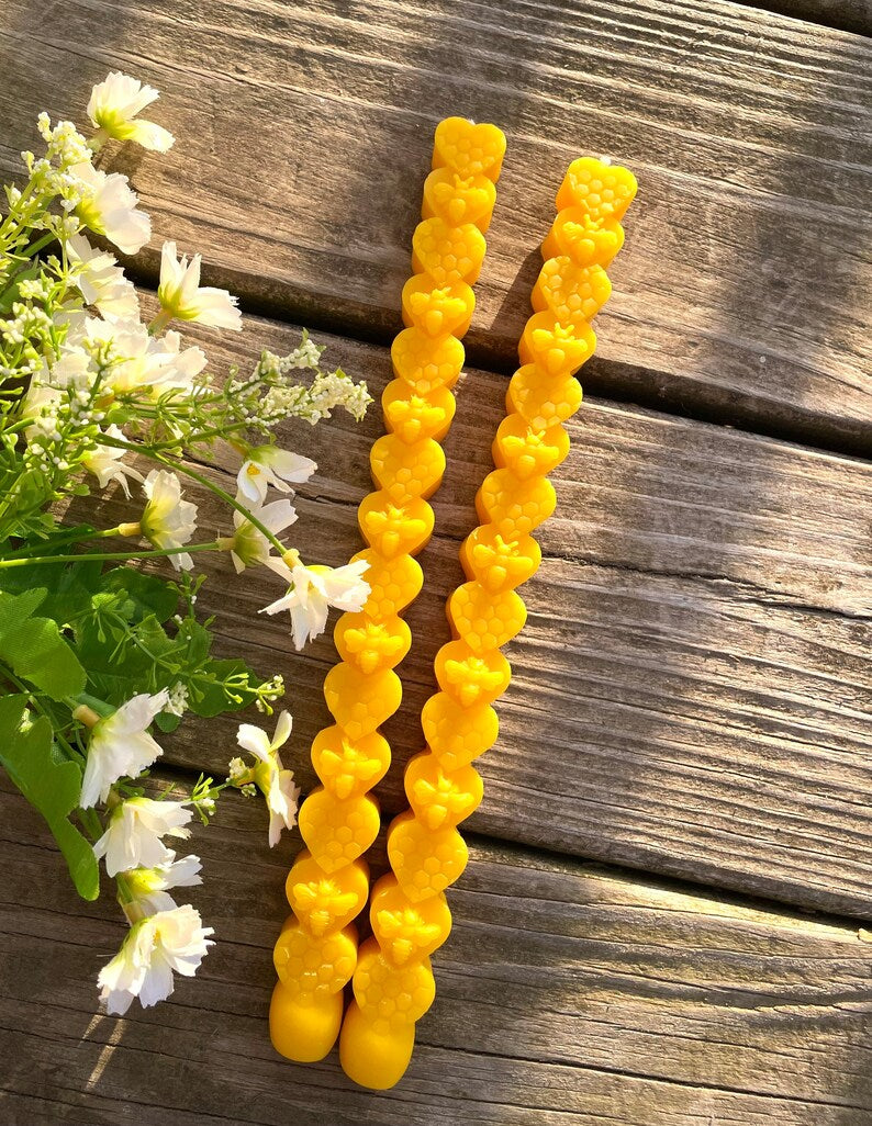 100% pure Beeswax taper candles - honeybee honeycomb taper candle - holiday gift - gift for her