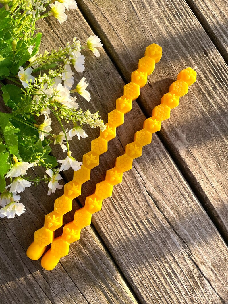 100% pure Beeswax taper candles - honeybee honeycomb taper candle - holiday gift - gift for her