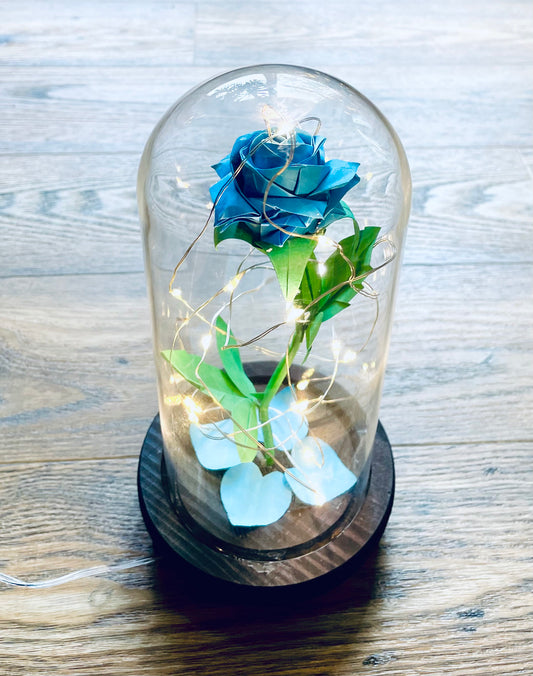 Origami rose in glass dome - origami paper flower - engraved rose - valentine gift for her