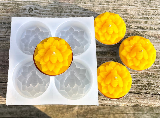 Silicone honey bee Tealight candle Mold - honeybee on flower tealight mold - 4 cavities - wax melt lotion bar - guest soap