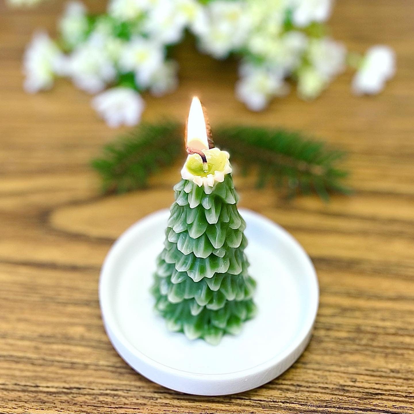 pure beeswax Christmas tree candle - pine tree candle with snow - holiday candle gift - artisan candle