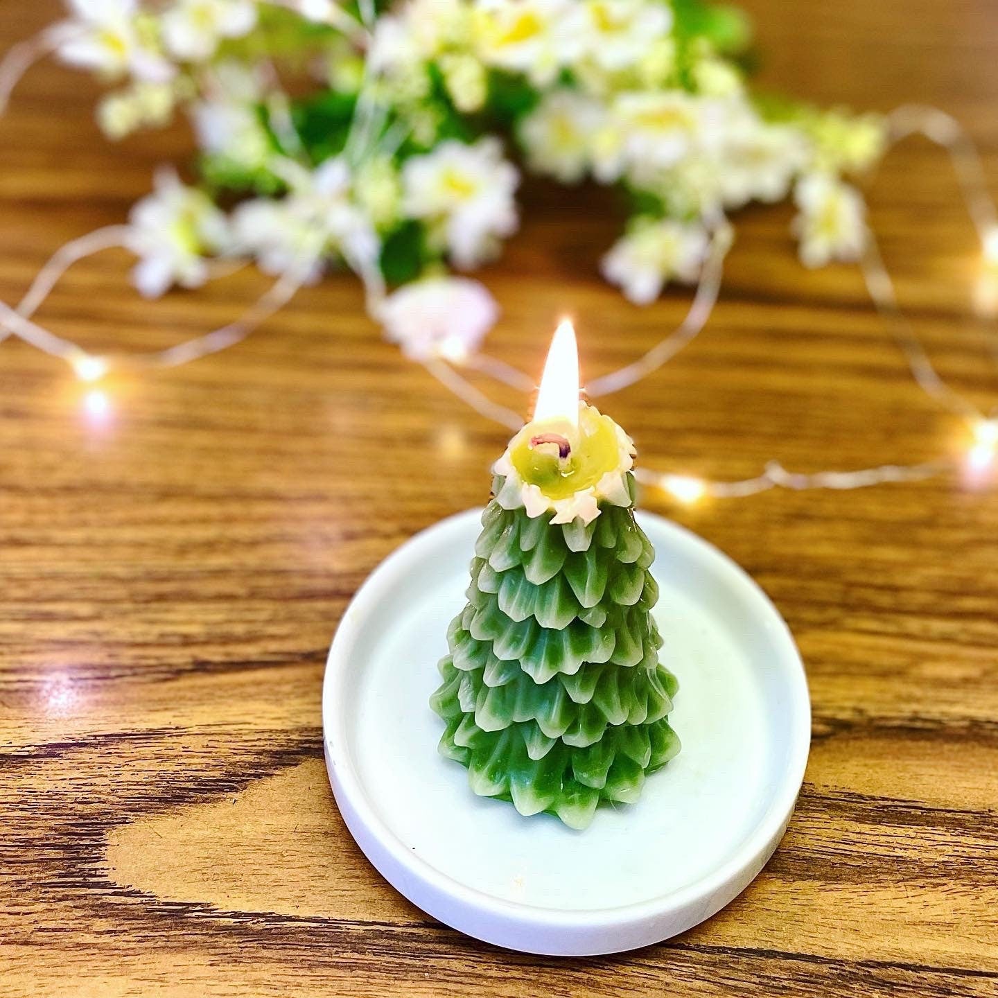 pure beeswax Christmas tree candle - pine tree candle with snow - holiday candle gift - artisan candle