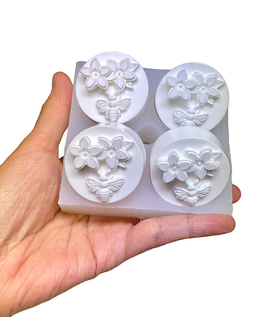Silicone honey bee Tealight candle Mold - honeybee with flower tealight mold - 4 cavities - wax melt lotion bar - guest soap